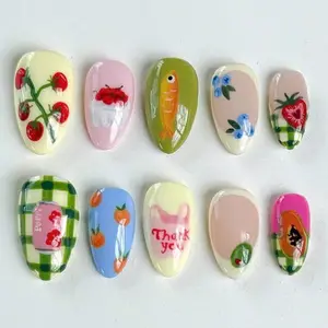 S71 Picnic Market Press-On Nails, 3D Fruits, Veggies, Retro Patterns, Gingham Art, Cute Icons, Custom Press-On Nail, Summer, Solana Nails Town