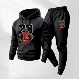 Men's No.23 Printed Hoodie and Drawstring Sweatpants Set, Menswear, Casual Athletic Long Sleeve Hooded Jacket & Trousers for Fall & Winter, Men's Clothing for Daily Wear, Sportswear Indoor Outdoor, Tracksuit, Athleisure Summer Clothes