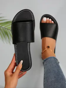Women's Fashionable Plain Color Slide Sandals, Casual Trendy Sandals, Beach Slides Sandals, Flip Flops, Casual Comfortable Flat Sandals for Beach, Non-slip Slippers for Indoor & Outdoor Wear, Beach Home Sandals