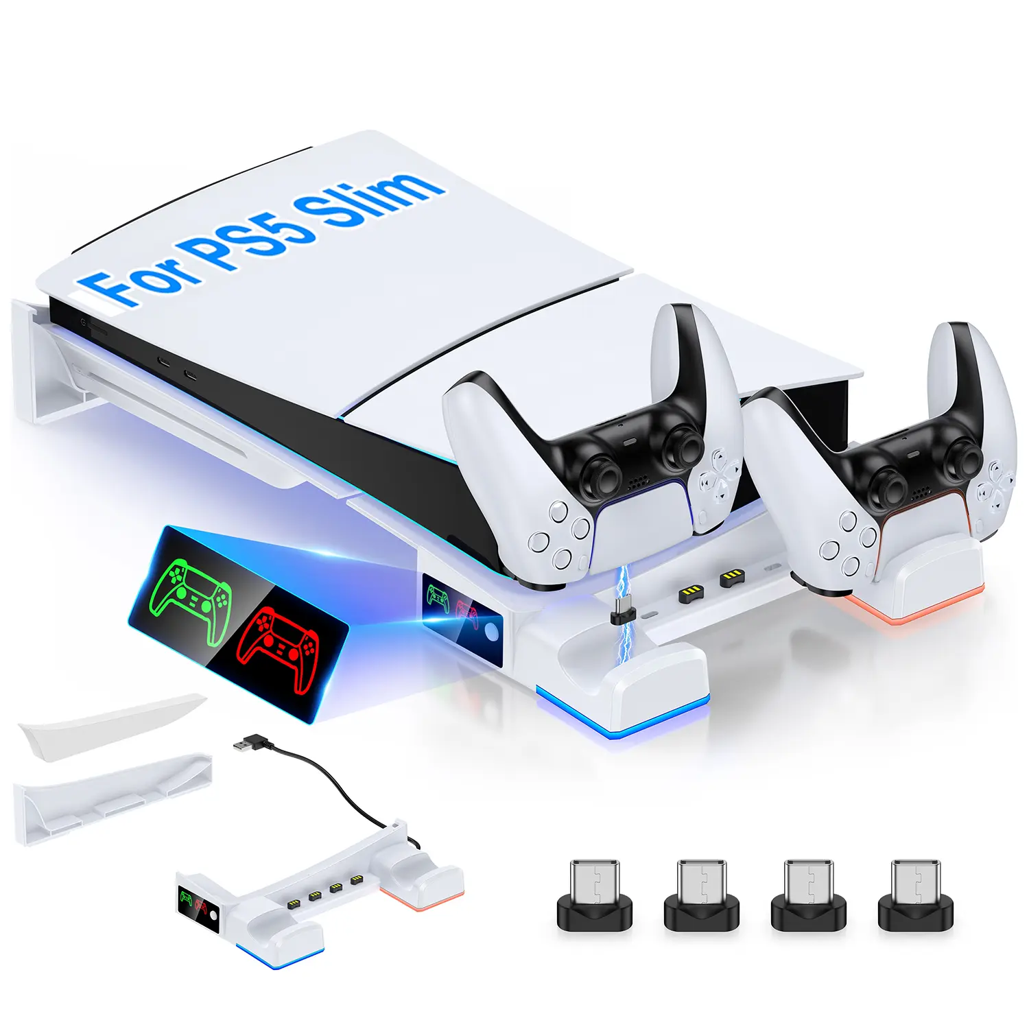 PS5 Slim Horizontal Stand Adapter - USB-Powered Console Accessory for PS5 Slim Disc/Digital Editions, Gaming Products with RGB LED Controller Charging, Intelligent Chip Protection, Silicone Pads, 1 EVA Adapter, 1 Left Part Stand