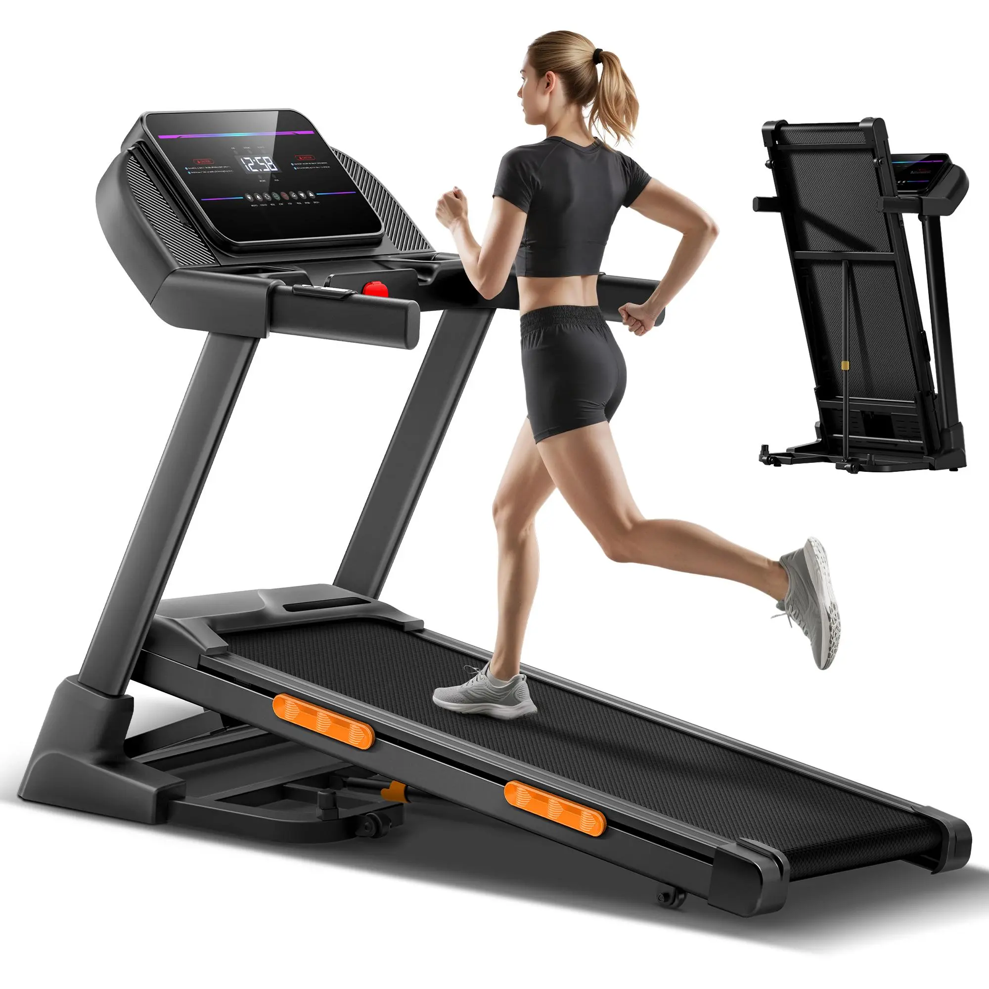 UMAY 20% Automatic Incline Folding Treadmill with Heart Rate Pulse Sensors, Heavy Duty 400 LBS Weight Capacity, Super Quiet Brushless Motor, Home Fitness Running Machine