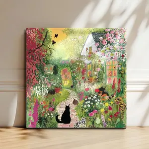 Unframed Charming Cat Garden Art Print – Cottage Garden with Cats, Flowers, and Lanterns – Cozy Nature-Inspired Wall Art for Cat Lovers, Wooden Framed Wall Art, Wrapped Canvas Vintage Prints Poster - Framed Decor Artwork