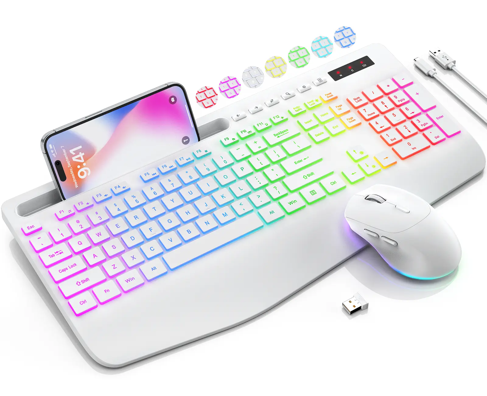 Wireless Keyboard and Mouse Combo - 9 Backlit Effects, RGB, Ergonomic Wrist Rest, Phone Holder, 2.4G Full Size, Rechargeable, Quiet Keyboard Set