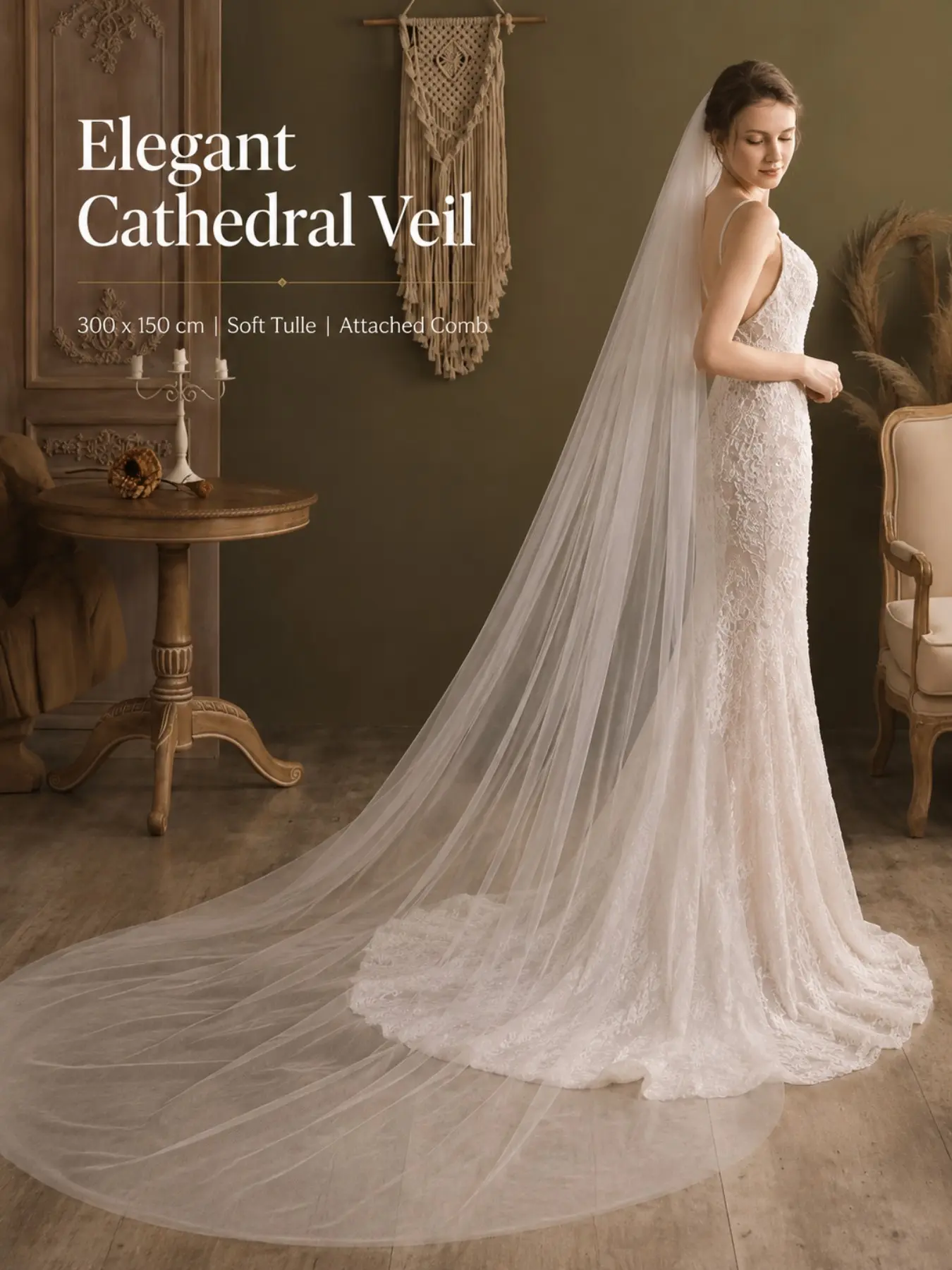 300cm Extra Long Bridal Veil with Sturdy Metal Comb, Soft Tulle Sheer Cathedral Wedding Veil, Trailing Veil, Romantic Graceful Headpiece for Brides Church Wedding Garden Ceremony Bridal Shoot Wedding Veils for Brides