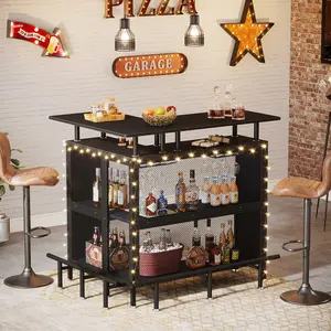 Tribesigns L-shaped Home Bar Table with Storage Shelves and Wine Rack Bottles Metal Utensils Champagne Drink