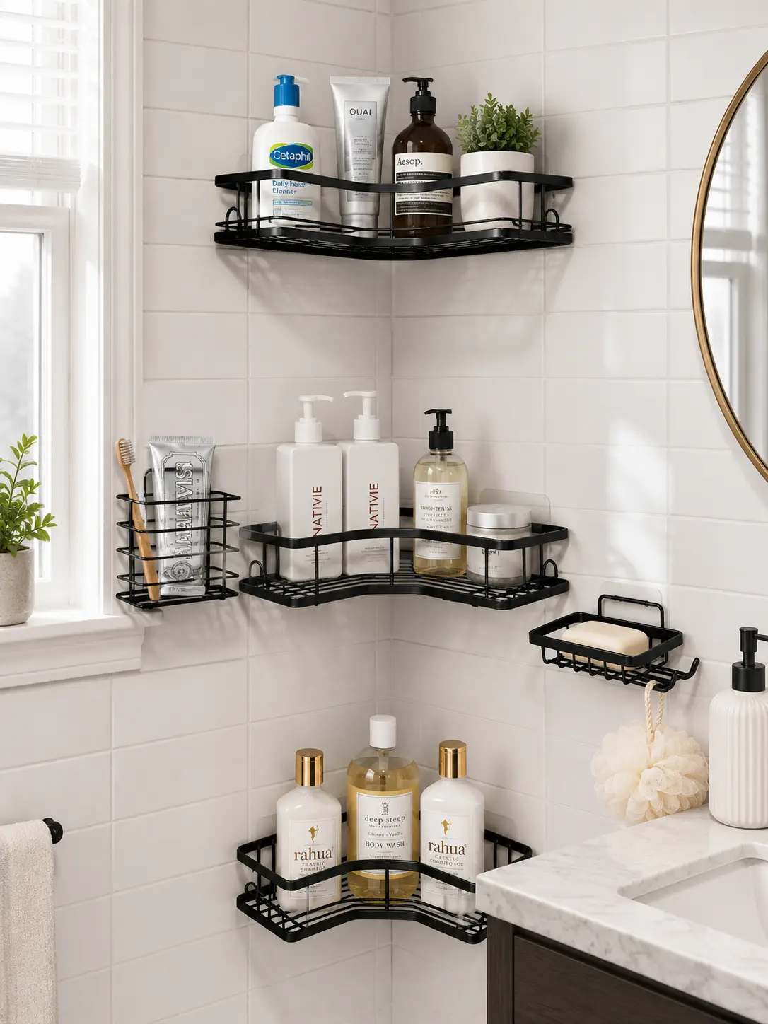 Classic 5-Piece Round Matte Black Bathroom Accessory Set - No Drilling Self-Adhesive Stainless Steel Shower Organizer, Soap Dish, Toothbrush Holder - Rustproof Storage - Renter-Friendly Easy Installation - DFYD Summer Deals
