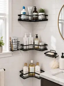 5-Piece Matte Black Bathroom Organizer Shower Caddy Set - No Drilling Self-Adhesive Stainless Steel Wall Shelf with Soap Dish, Toothbrush Holder, Rustproof Storage for Shampoo, Body Wash - Renter-Friendly Easy Installation - DFYD Summer Deals