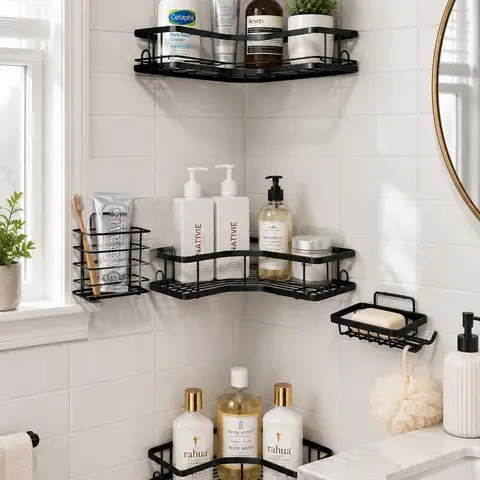 Matte Black 5-Piece Hollow Round Bathroom Accessories Set - Classic Anti-Rust Stainless Steel Wall-Mounted No-Drill Self-Adhesive Organizer, Shower Caddy, Soap Dish, Toothbrush Holder, Renters-Friendly Sleek Decor