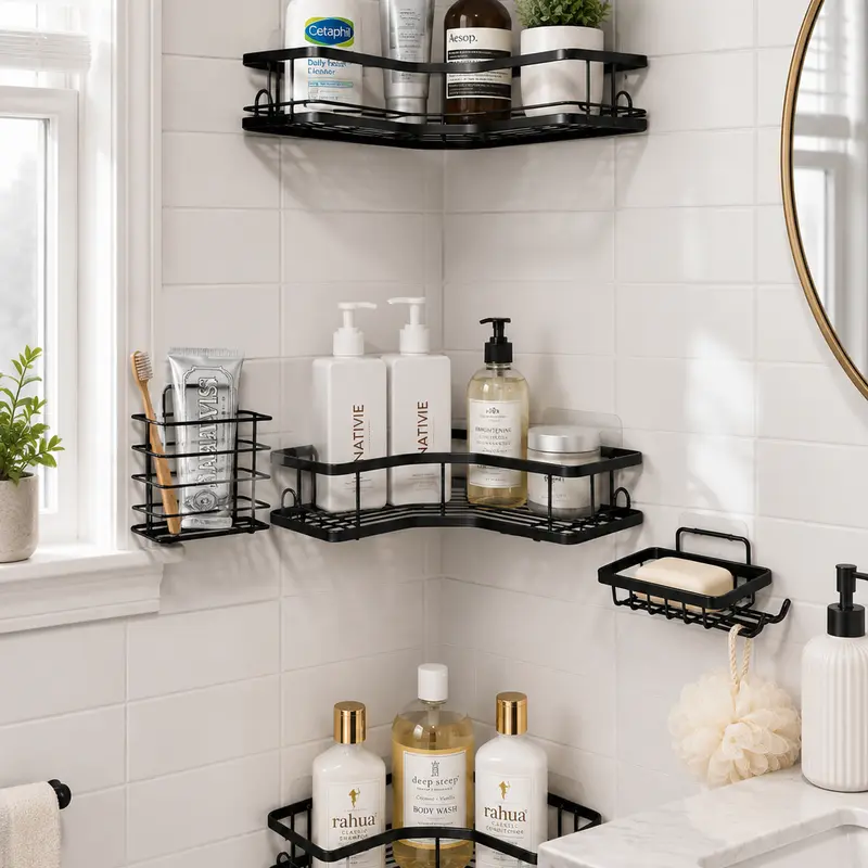 Matte Black 5-Piece Hollow Round Bathroom Accessories Set - Classic Anti-Rust Stainless Steel Wall-Mounted No-Drill Self-Adhesive Organizer, Shower Caddy, Soap Dish, Toothbrush Holder, Renters-Friendly Sleek Decor