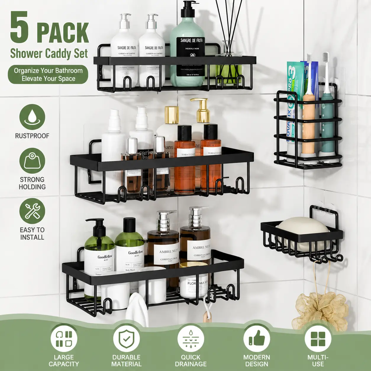 Rust-Resistant Stainless Steel Self-Adhesive Wall Mount Shower Caddy, 5-Piece Bathroom Accessories Set, No-Drill Gadget for Shampoo & Body Wash, Multi-Piece Shower Accessories, Bathroom Decor Ideas