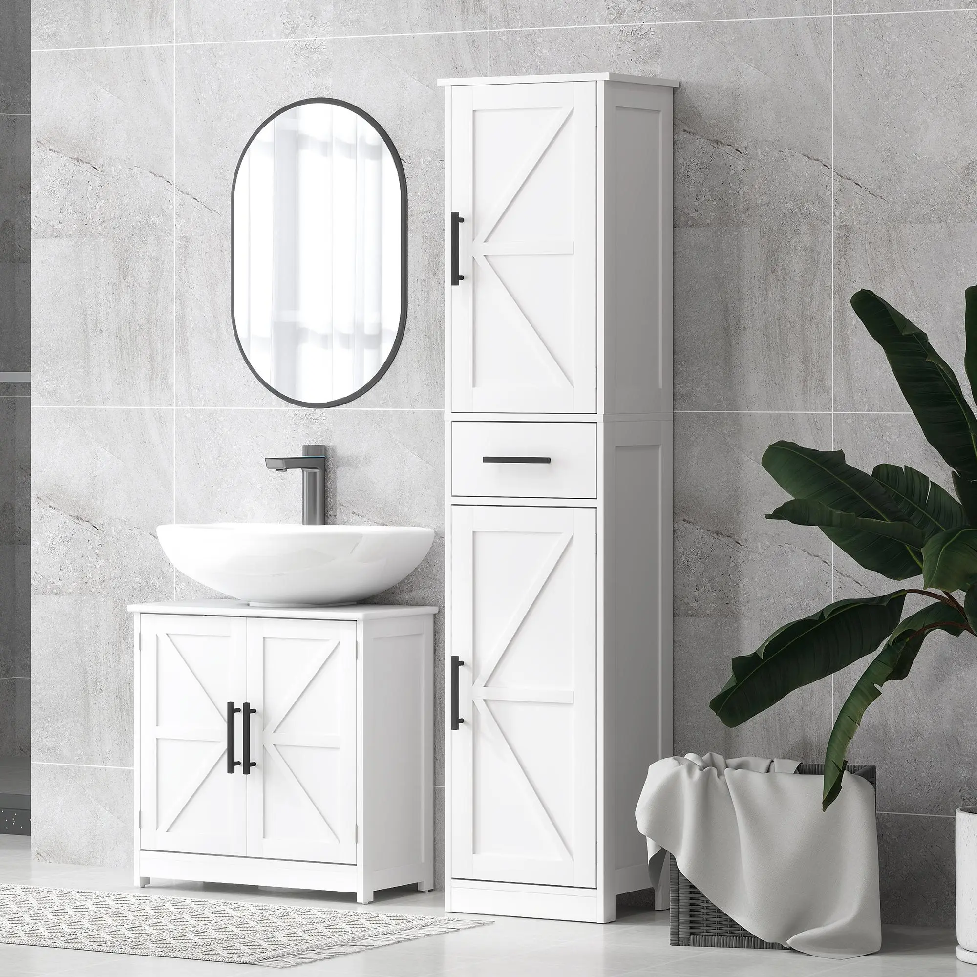 Farmhouse Linen Closet with Drawer 67" Tall Bathroom Storage Cabinet with Barn Doors Adjustable Shelves White Elegance Space-Saving Design