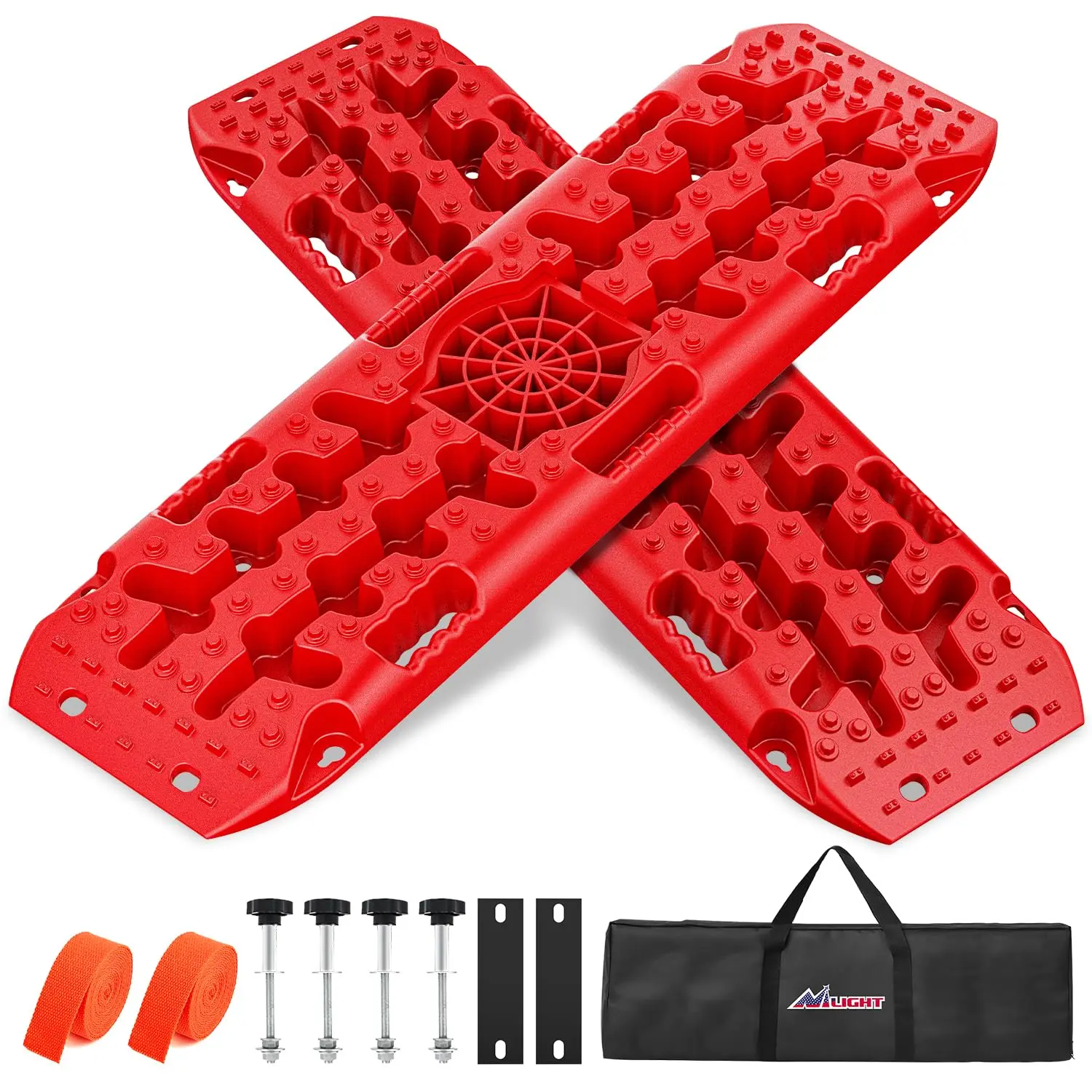 Nilight Off-Road Traction Boards with Round and Square Jack Lift Base Pair Recovery Tracks for 4X4 Jeep Truck Emergency Tire Recovery Boards with Bag-Sand Mud and Snow Tracks Red Tire Traction Mats