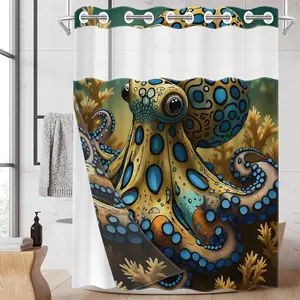 1pc Cartoon Blue Octopus Double-Layer Shower Curtain, Polyester, Mold-Resistant, Waterproof, Fashionable Plants Pattern, Wall-Mounted, Bathroom Use