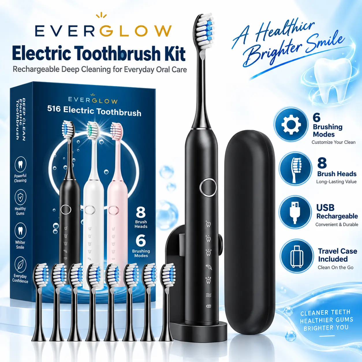 Everglow Rechargeable Electric USB Charging Toothbrush Kit - 1 Soft Bristle Toothbrush, 4 Brush Heads (2-Year Head Supply), 1 Charging Cable, Intelligent Cleaning, Waterproof, Premium Quality, Gift for Personal Care
