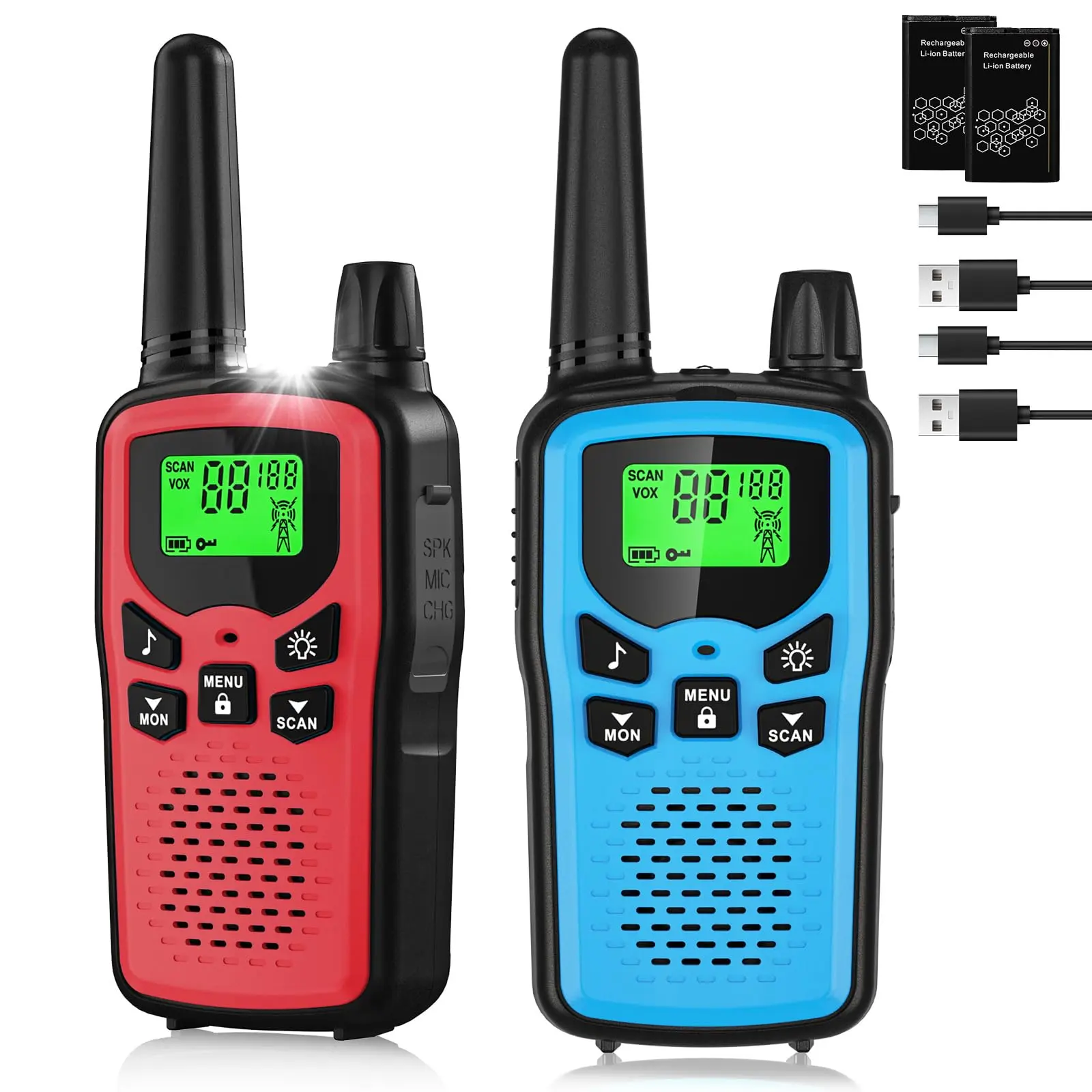 Rechargeable Walkie Talkies Long Range for Adults, Walky Talky VOX with 22 FRS Channels, 99 Privacy Codes Two Way Radio,1200mAh Li-ion Battery, for Camping Hiking Emergency (2 Pack Colorful) Audio, Led Flashlight, Long-Range Handheld Walkie Talkies