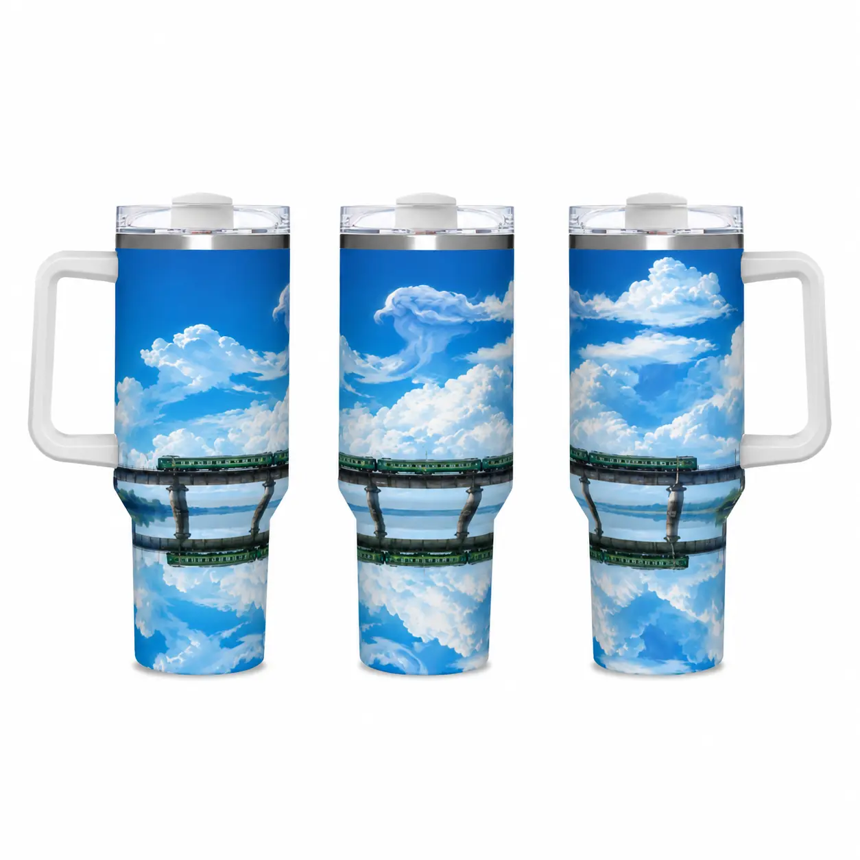 40oz Insulated Stainless Steel Tumbler Bottle with Handle - Leak-Proof Travel Mug, Anime Sky Aesthetic, Fluffy Cloud Print, Train Bridge Landscape, Car Cup Holder Friendly, Hot-Cold Retention, Gift for Anime Lovers, Bottles