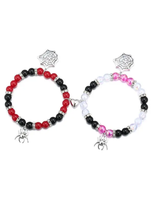 2-Piece Set, Beaded Couples Matching Set with Spider Pendant & Interlocking Clasp, Gifts for Boyfriend, Boyfriend Birthday Gift