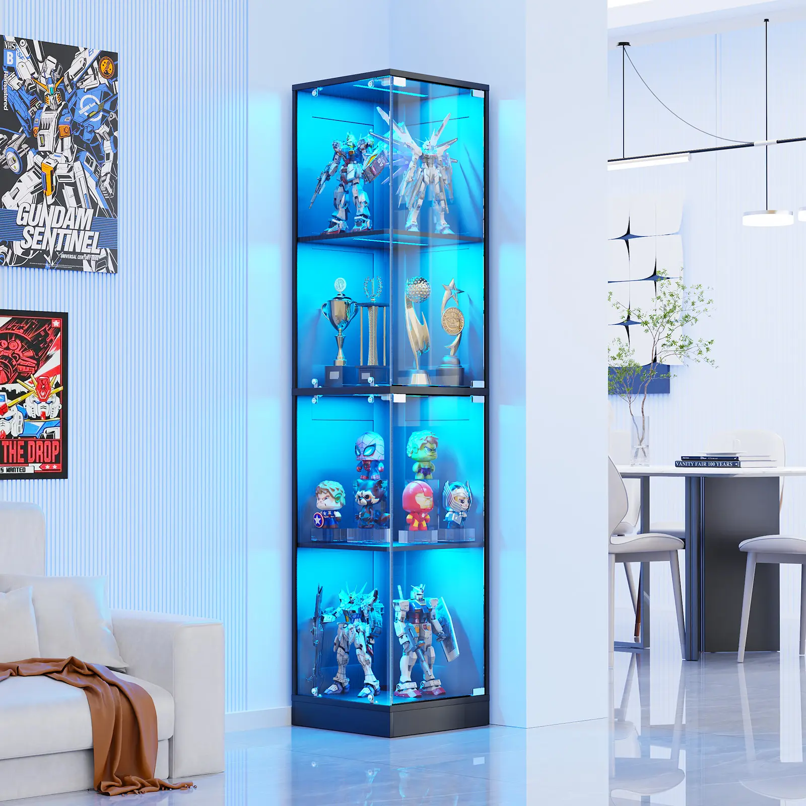 MIIFUNY Corner Display Cabinet with Glass Doors, Curio Cabinet with 3 Color LED Lights for Collectibles, 4-Tier Display Case with Human Body Sensor for Toys, Books, Black