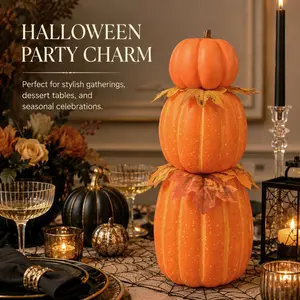 1Pc Artificial Stacked Pumpkin Decor, Halloween Thanksgiving Style, Three-Tier Pumpkin Shape with Fall Leaf Details, for Table Centerpiece Living Room Party Entryway