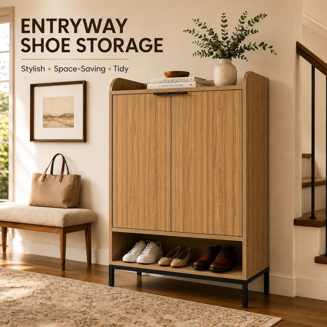 Warm Wood Entryway Upgrade – Modern Oak Shoe Cabinet with 5-Tier Storage, Adjustable Shelves, Fluted Doors and Compact Design
