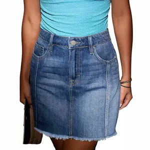 Women's Sidefeel Denim Skirt Casual Stretch High Waist Raw Hem Zipper Closure Jean Skirt