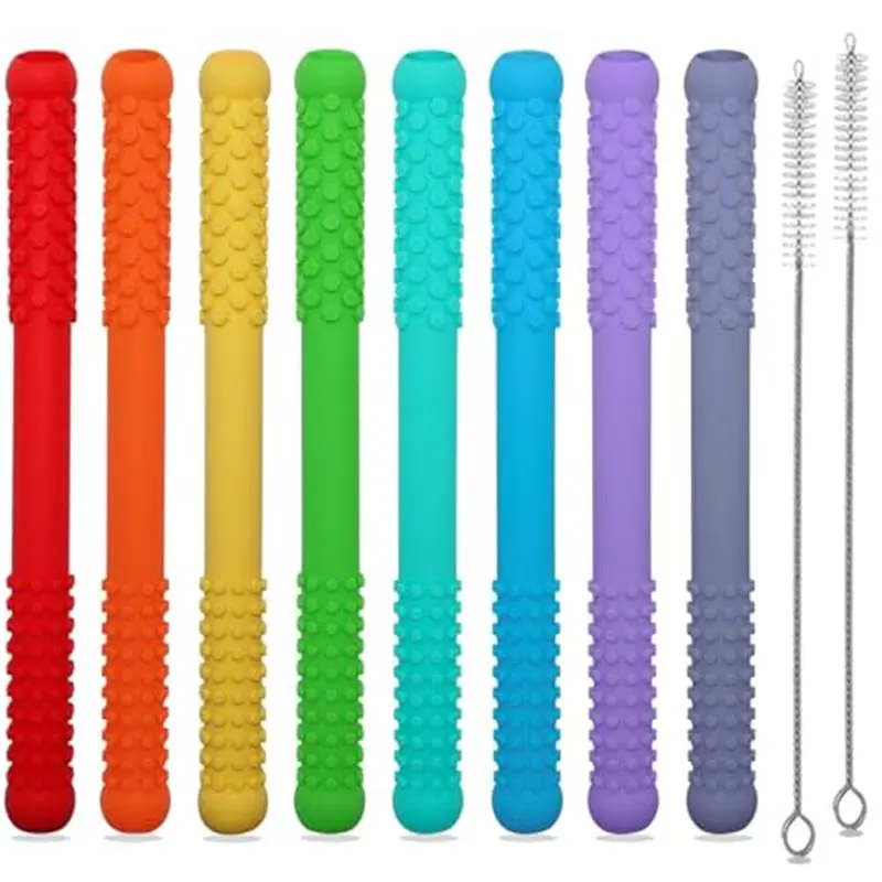 Teething Straws Sticks for Babies 6-12 12-18 Months, 8 Pack Teething Toys 3-6 Months, Silicone Teethers for Babies Toddlers Nursing Biting Chewing, Autism Chew Toys for Sensory Kids Teething Relief
