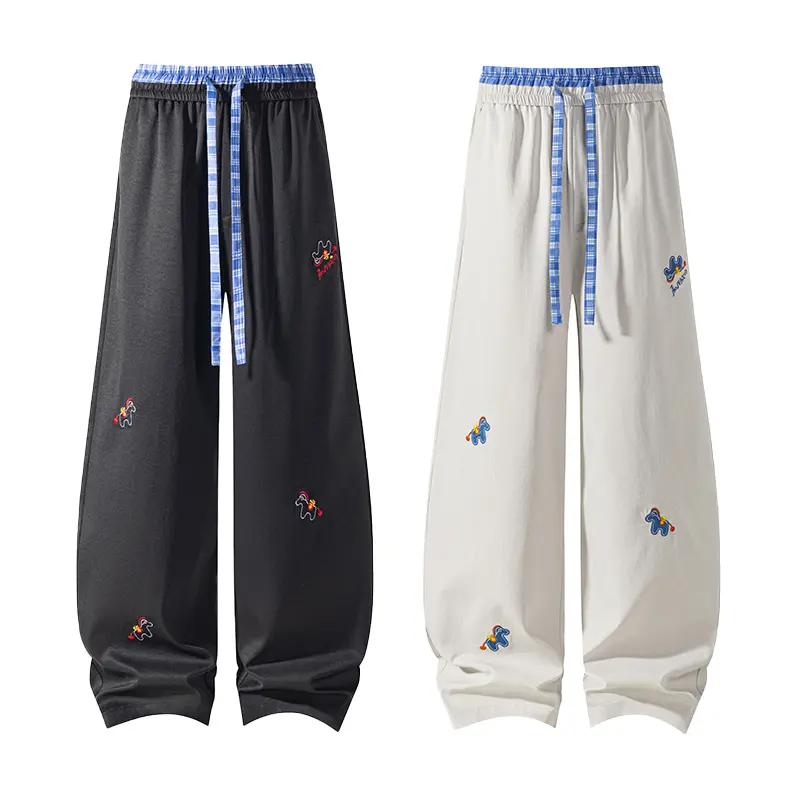 Men's Unisex Cartoon Horse Embroidery Wide-Leg Sweatpants, Blue Gingham Contrast Waist, Drawstring Elastic Waist, Baggy Y2K Coquette Skater Streetwear Lounge Track Pants