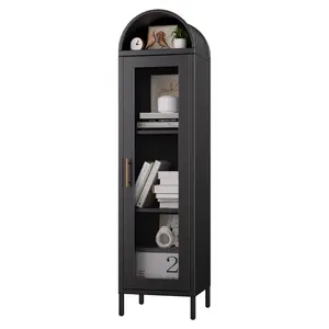 Aobabo Modern 63 in Metal Arched Top Display Cabinet - Indoor Cupboard with 2 Adjustable Shelves, 1 Glass Door for Dining Room, Living Room, Assembly Required (Black)