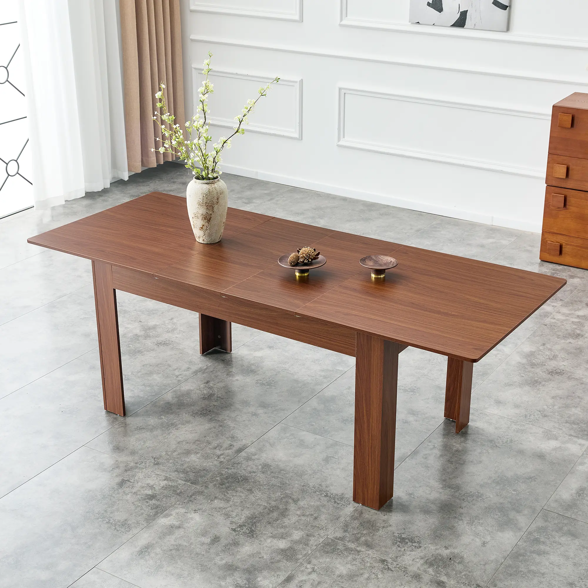 Walnut Modern Rectangular Extendable Dining Table with 2 Drop Leaves, Space-Saving Expandable Kitchen Table for Small-Large Families, Dining & Living Rooms