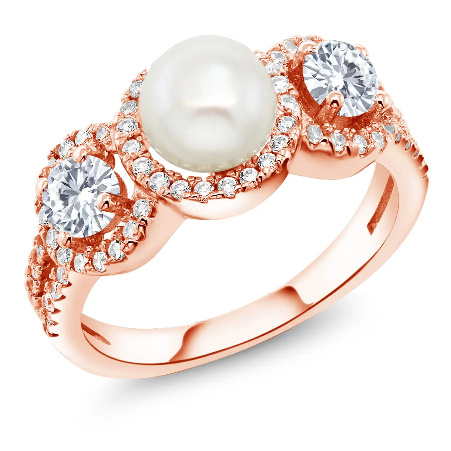 Cultured Freshwater Pearl and Gemstone Birthstone Ring for Women in 18K Rose Gold Plated Silver | Round 4MM | Available In Size 5, 6, 7, 8, 9