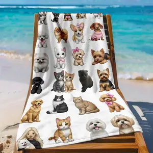 1PC Super Awesome Beach Towel, Cute Collection of Pet Cats and Dogs Beach Towel - Soft, Comfortable, Absorbent, Quick-Drying, Lightweight - Vivid 2D Digital Printing, Suitable for Traveling, Convenient, Ideal for Beach, Pool, Travel Absorbent Fabric