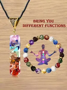 Seven Chakra Energy Crystal Beaded Bracelet and Necklace Set, Multi-Gem Pendant, Rainbow Crystal Yoga Meditation Jewelry Gift