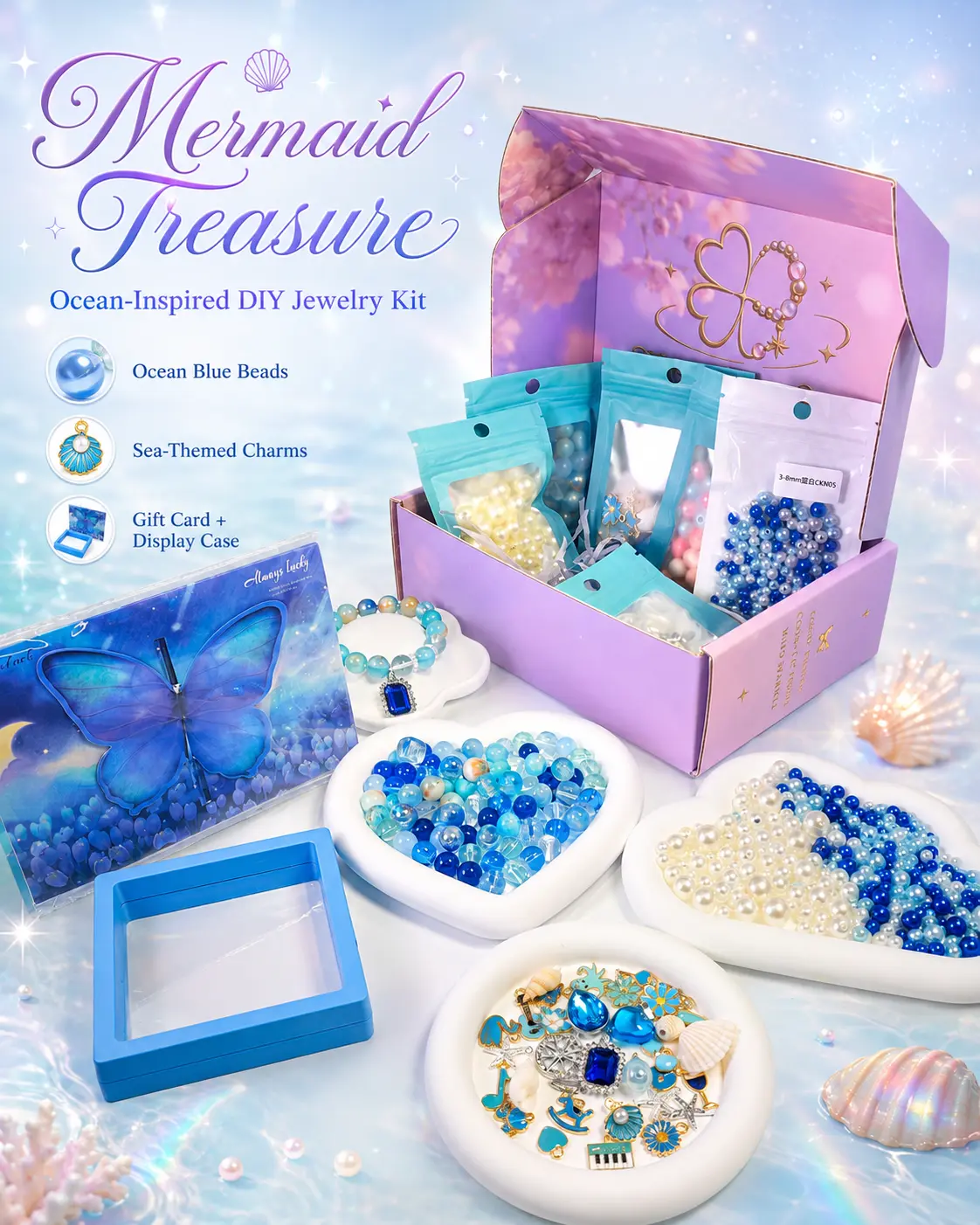 Spectrafab Handmade DIY Bead Jewelry-Making Kit Gift Box - 500+ 3-12mm Beads, 20+ Lucky Charms, Elastic Cords, Display Case, 3D Butterfly Card, Creative Craft Set for Necklaces/Keychains, All Seasons Gift for Kids/Adults