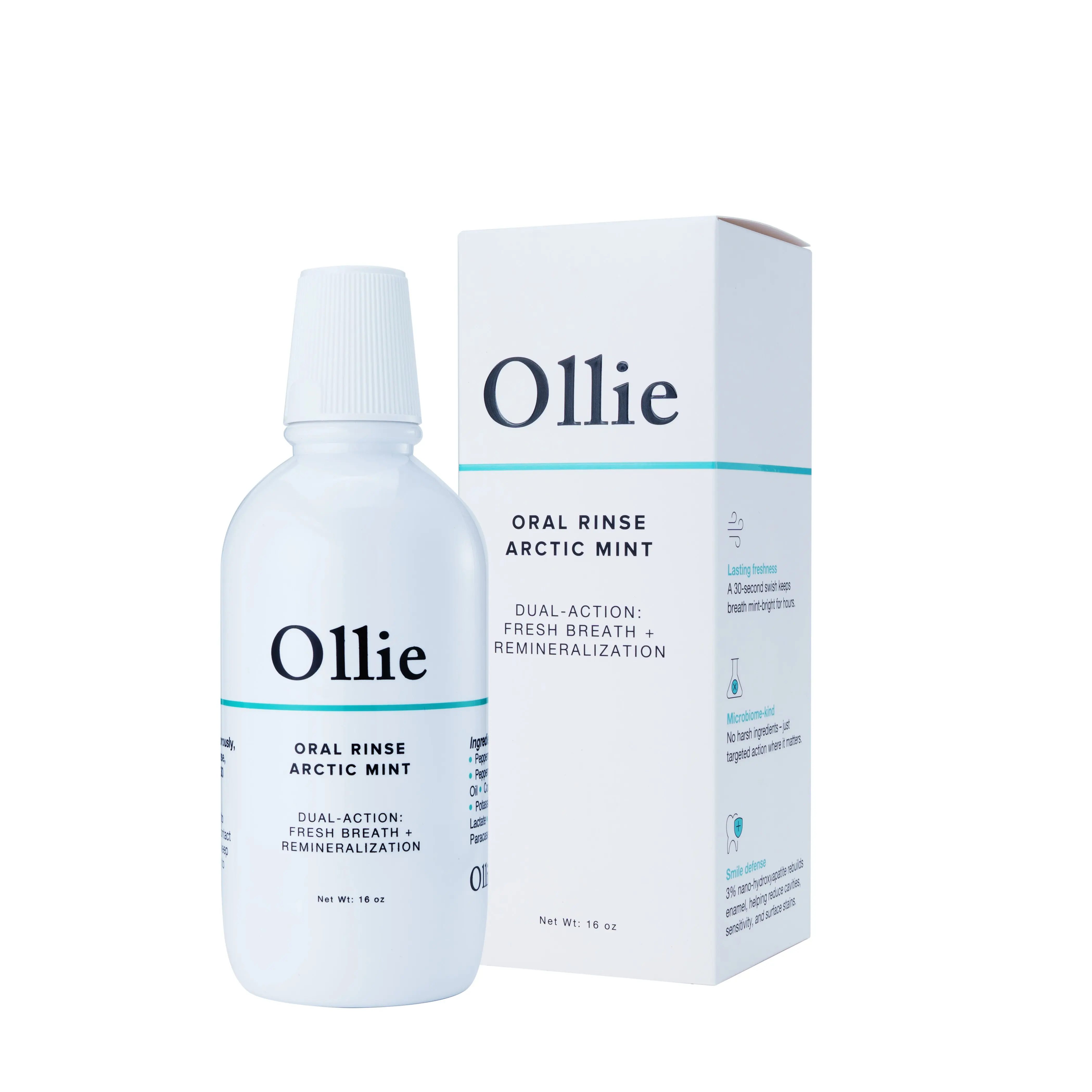 Ollie Arctic Mint Mouthwash with Coconut Oil, Sea Salt & Tea Tree Oil, Alcohol-Free Daily Oral Rinse for Fresh Breath & Healthy Gums, for Morning & Evening Use, Hydroxyapatite, Essential Oils