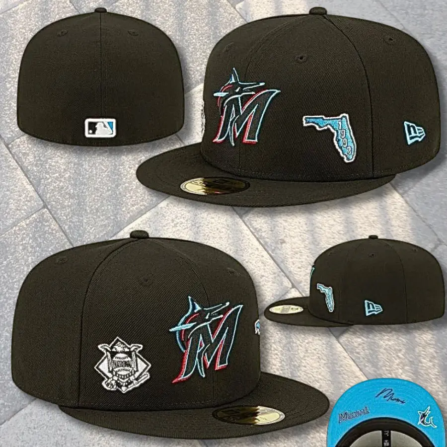 New Era Miami Marlins 59FIFTY Fitted Baseball Cap – Black Flat Bill Hat with Multicolor Marlins Logo, Florida 1993 Side Patch, Light Blue Undervisor & MLB Streetwear Style