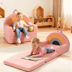 COMOMY Toddler Couch, 2 in 1 Kids Couch, Foldable Baby Soft Couch Chair for Boys and Girls Gift, Convertible Sofa to Lounger- Ideal for Napping, Reading, and Playing, Rainbow, Pink