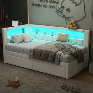 Twin Size Daybed with Storage Drawers and L-Shaped Bookshelf Headboard, Linen Upholstered Soft Corner Bed with Shelves, Charging Station and LED Belt, White