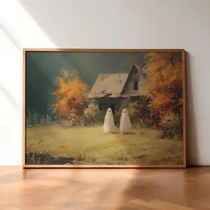 Landscape Ghosts Painting, Vintage Ghost Dark Academia Art, Autumn Holidays Wall Decor, Halloween Unframed Poster, Spooky Drawing, Cute Ghost Print
