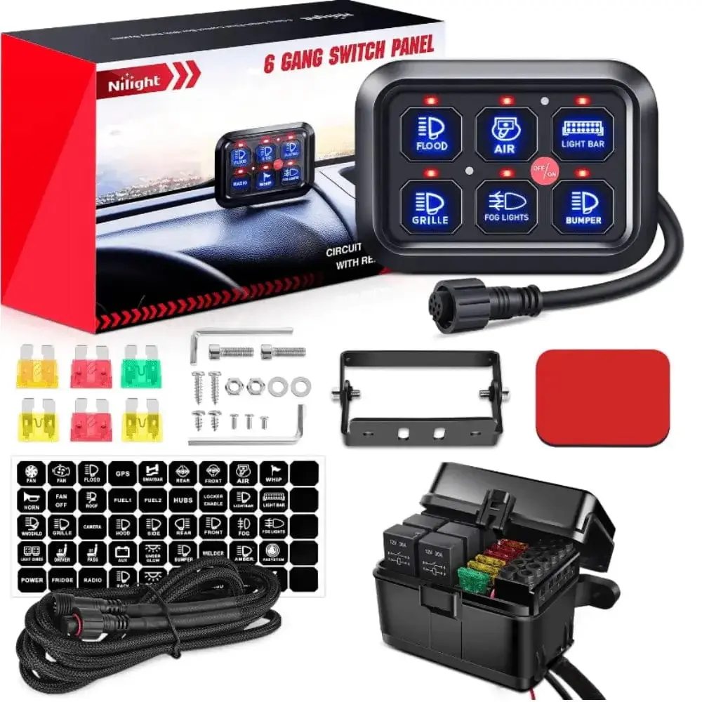 Nilight 6-Gang Multifunction Blue Rocker Switch Panel System with LED Lighting - Outdoor Non-Wi-Fi Corded Electrical Switch & Power Supply for Cars, Trucks, Center Console, Dashboard