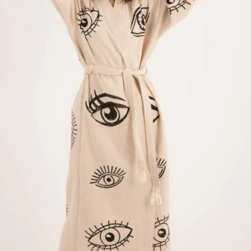 Turkish Black Eyes Cotton Robe | Kate | Lightweight Spa Robe, Resort wear & Cover-Up  100% Organic Cotton, OEKO-TEX Standard 100 Certified, Lightweight, Quick Drying, Hand-Wood-Printed, Unisex, One Size Fits Most Loungewear Nightwear Womenswear Comfort