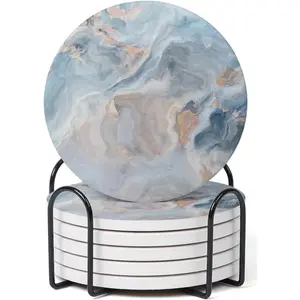 Set of 6 Abstract Blue Marble Coasters with Holder, Absorbent Ceramic Coasters for Drinks with Cork Backing for Table Protection, Ideal Housewarming Gifts for New Home
