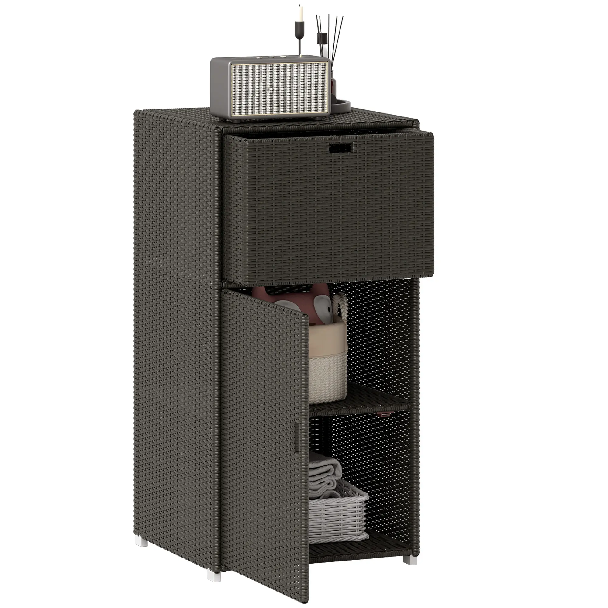 Outsunny Outdoor Towel Rack & Pool Storage Cabinet/Hot Tub Accessory Storage, Waterproof PE Rattan Cabinet & Basket Drawer for Indoor, Swimming Pool, Spa, 24"x24"x47", Dark Brown