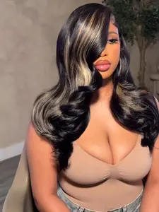 13x4 Highlighted Gradient Golden Brown 1B/27 Large Wave Lace Front Wig, Real Human Hair Wigs, Glueless Frontal Wigs, Glueless Human Hair, 180% Density, Pre-trimmed with Baby Hair