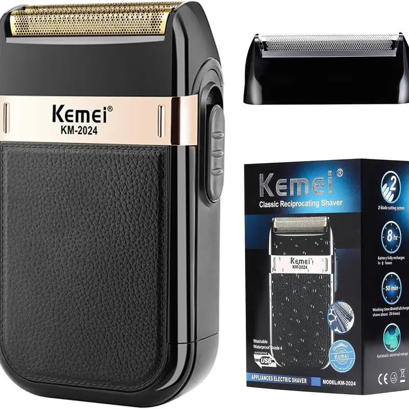 Kemei KM-2024 Men's Cordless Portable Electric Shaver - Adjustable Foil, Waterproof, USB Rechargeable, Detachable Blade, Gift Brush, Storage Bag, Facial Beard Styling & Home Haircut Tool, Thanksgiving Gifts for Him, Showerproof Cordless Shaver