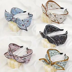 5Pcs Vintage Wide Fabric Headbands with Sweet Floral Bows, Bohemian Paisley Design, Non-Washable Polyester Elastane Anti-Slip Hair Bands for Stylish Daily Wear