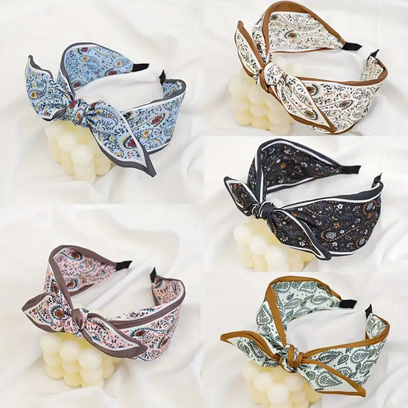 5Pcs Vintage Wide Fabric Headbands with Sweet Floral Bows, Bohemian Paisley Design, Non-Washable Polyester Elastane Anti-Slip Hair Bands for Stylish Daily Wear