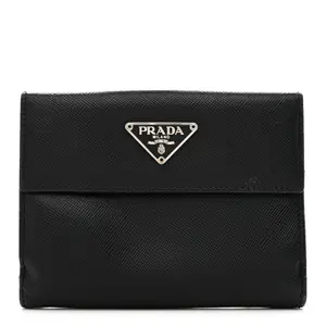Pre-owned PRADA Leather Small Leather Goods Saffiano Metal Tri Fold Wallet Black