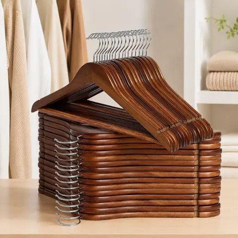 BePatio 17.32in Heavy-Duty Solid Wooden Coat Hangers (10-30 Pack) - Natural Wood Hangers with Non-Slip Pant Bar, 360-Degree Rotatable Hook - Hanging Bedroom Items for Shirts, Jackets, Dresses - Ideal for Apartment, Garage Closets