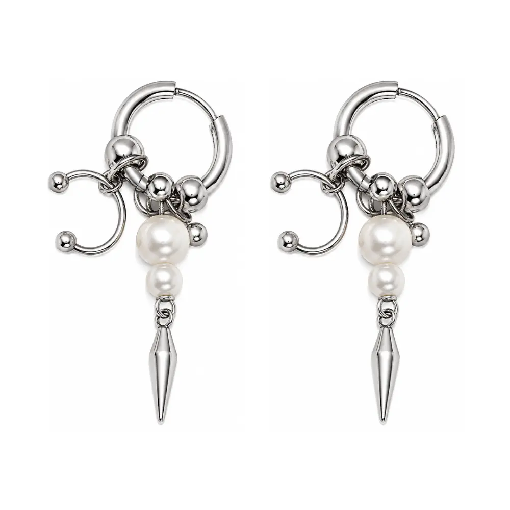 Horseshoe Barbell Simulated Pearl Spike Dangling Hoop Earrings - Pair - Stainless Steel
