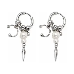 Horseshoe Barbell Simulated Pearl Spike Dangling Hoop Earrings - Pair - Stainless Steel